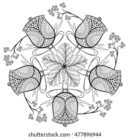 Hand Drawn Decorative Round wreath of Christmas Bells and mistletoe. Vector illustration in zentangle style. Sketch for adult anti stress coloring pages, New Year posters and greeting cards