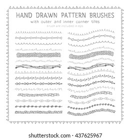 Hand drawn decorative scribble paintbrushes with inner and outer corner tiles. Dividers, borders, ornaments. Ink illustration