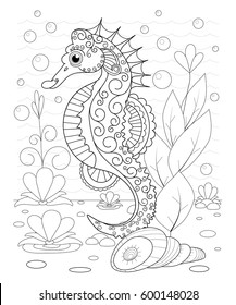 Hand drawn decorative sea Horse in the waves and with seaweed stress Coloring Page with high details, isolated on pattern background, illustration in zentangle style.