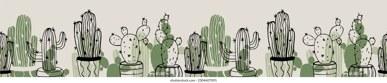 Hand drawn decorative seamless border pattern with cactus. Vector background.