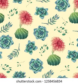 Hand drawn decorative seamless pattern with cacti and succulents