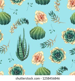 Hand drawn decorative seamless pattern with cacti and succulents