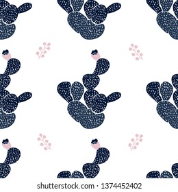 Hand drawn decorative seamless pattern with cacti. in Scandinavian style. Trendy tropical design for textile