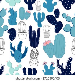 Hand drawn decorative seamless pattern with cactus. Vector cactus pattern in flat and doodle style.  