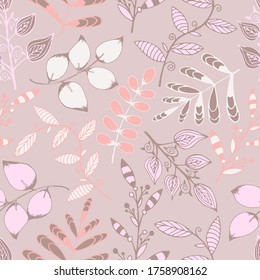 Hand drawn decorative seamless pattern of leaves, branches, curls, flowing lines. Floral set elements. Cute pink doodle sketch illustration for greeting card, invitation, wallpaper, wrapping paper