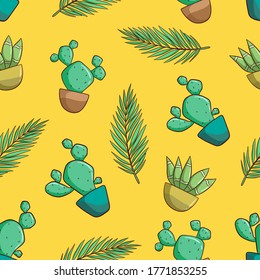 Hand drawn decorative seamless pattern with cacti and succulents. doodle pattern