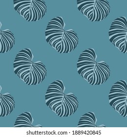 Hand drawn decorative seamless pattern with navy blue striped monstera palm leaves. Designed for fabric design, textile print, wrapping, cover. Vector illustration.