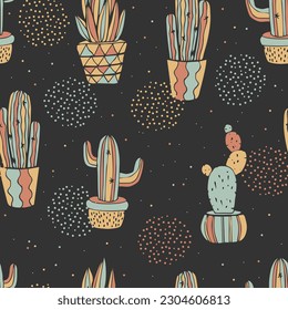 Hand drawn decorative seamless pattern with cactus and succulents. Perfect for fabric, textile. Vector background.