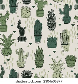 Hand drawn decorative seamless pattern with cactus and succulents. Perfect for fabric, textile. Vector background.