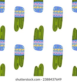 Hand drawn decorative seamless pattern with cacti mexico vector