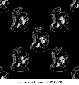 Hand drawn decorative seamless pattern with head of the ancient Greek warrior. Antique motive, traditional Greek ancient drawing. Vector illustration