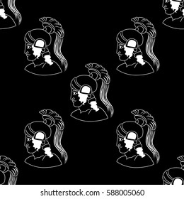 Hand drawn decorative seamless pattern with head of the ancient Greek warrior. Antique motive, traditional Greek ancient drawing. Vector illustration