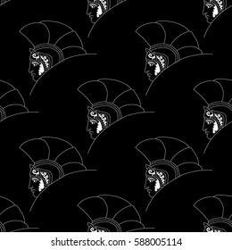 Hand drawn decorative seamless pattern with head of the ancient Greek warrior. Antique motive, traditional Greek ancient drawing. Vector illustration