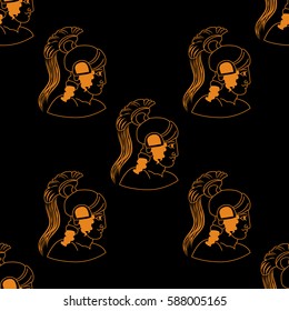 Hand drawn decorative seamless pattern with head of the ancient Greek warrior. Antique motive, traditional Greek ancient drawing. Vector illustration