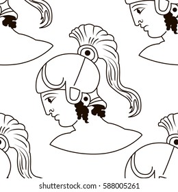 Hand drawn decorative seamless pattern with head of the ancient Greek warrior. Antique motive, traditional Greek ancient drawing. Vector illustration