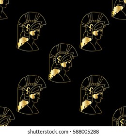 Hand drawn decorative seamless pattern with head of the ancient Greek warrior. Antique motive, traditional Greek ancient drawing. Vector illustration