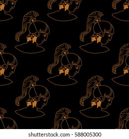 Hand drawn decorative seamless pattern with head of the ancient Greek warrior. Antique motive, traditional Greek ancient drawing. Vector illustration