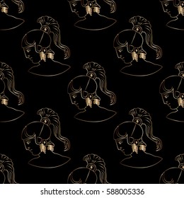 Hand drawn decorative seamless pattern with head of the ancient Greek warrior. Antique motive, traditional Greek ancient drawing. Vector illustration