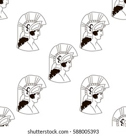 Hand drawn decorative seamless pattern with head of the ancient Greek warrior. Antique motive, traditional Greek ancient drawing. Vector illustration