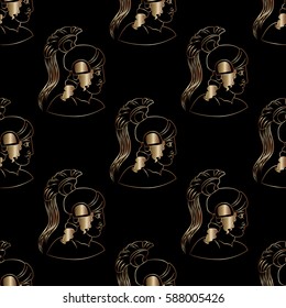 Hand drawn decorative seamless pattern with head of the ancient Greek warrior. Antique motive, traditional Greek ancient drawing. Vector illustration