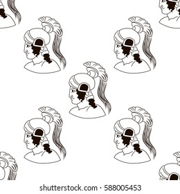 Hand drawn decorative seamless pattern with head of the ancient Greek warrior. Antique motive, traditional Greek ancient drawing. Vector illustration