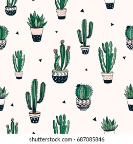 Hand drawn decorative seamless pattern with cacti and succulents