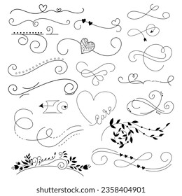 Hand drawn decorative set of line art elements. Boho arrows, heart, elegant text dividers, flourish with leaves. Vector doodle collection.