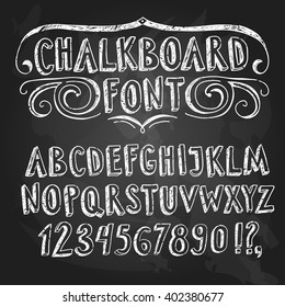 Hand drawn decorative set of  sketchy chalkboard ABC letters and figures on textured blackboard background. Hand drawn fonts for your design.