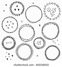Hand drawn decorative set of wreaths. Decor or branding collection of floral circles. Vintage vector design elements. Ink illustration.