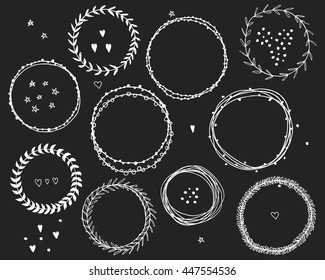 Hand drawn decorative set of wreaths. Decorative branding collection of floral circles. Vintage vector design elements. Ink illustration.
