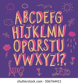 Hand drawn decorative sketchy vector ABC letters and doodle drawings. Felt-tip style. Nice childish font for your design.
