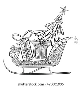 Hand Drawn decorative Sledge with Christmas tree and gift boxes. Vector illustration in zentangle style. Sketch for adult anti stress coloring pages, New Year posters and greeting cards