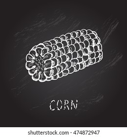 Hand drawn decorative sliced corn, design element. Can be used for cards, invitations, gift wrap, print, scrapbooking. Kitchen theme. Chalkboard background. Sketch