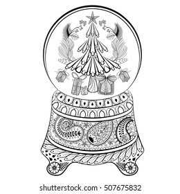 Hand drawn Decorative Snow Globe with Christmas tree and Gift boxes. Vector illustration in zentangle style. Sketch for adult anti stress coloring pages, tattoo, New Year posters and greeting cards