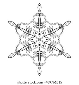 Hand Drawn  decorative Snowflake. Vector illustration in zentangle style. Sketch for adult anti stress coloring pages, tattoo, New Year posters and greeting cards, t-shirt design