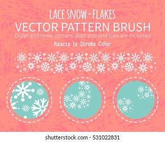 Hand drawn decorative snow-flakes vector brush with inner and outer corner tiles. Dividers, borders, ornaments. 