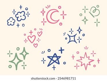 Hand Drawn Decorative Sparkle and Element. A collection of 8 unique hand-drawn line art elements including sparkles, stars, hearts, clouds, and a crescent moon for creative or decorative use