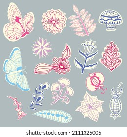 Handgezeichnete Springtime-Aufkleber, Magnetkollektion. Vectordoodle Design Schmetterlinge und Blumen Aufkleber Set.