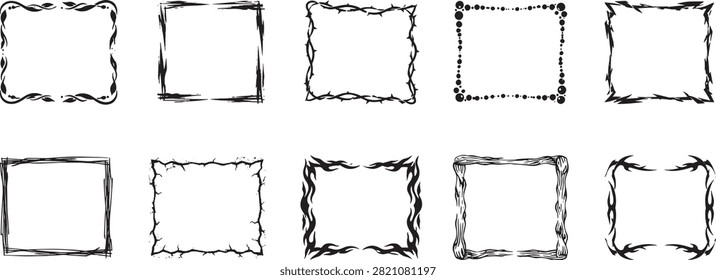 Hand Drawn Decorative Square Frame Border Collection with Floral Grunge Thorn Tribal Wooden Crack and Dotted Outline Vector Set for Vintage Design, Concept of Decoration, Creativity and Graphic Elements