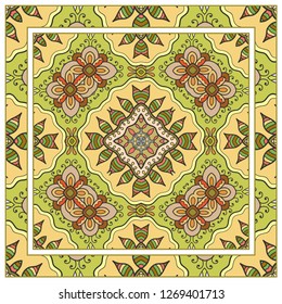  Hand drawn decorative square pattern with ornate frame. Colorful floral geometric ornament. Bandana shawl, tablecloth fabric print, silk neck scarf, kerchief design. Vector doodle illustration