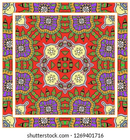  Hand drawn decorative square pattern with ornate frame. Colorful floral geometric ornament. Bandana shawl, tablecloth fabric print, silk neck scarf, kerchief design. Vector doodle illustration