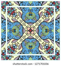  Hand drawn decorative square pattern with ornate frame. Colorful floral geometric ornament. Bandana shawl, tablecloth fabric print, silk neck scarf, kerchief design. Vector doodle illustration
