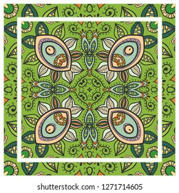  Hand drawn decorative square pattern with ornate frame. Colorful floral geometric ornament. Bandana shawl, tablecloth fabric print, silk neck scarf, kerchief design. Vector doodle illustration