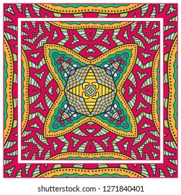  Hand drawn decorative square pattern with ornate frame. Colorful floral geometric ornament. Bandana shawl, tablecloth fabric print, silk neck scarf, kerchief design. Vector doodle illustration