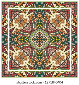  Hand drawn decorative square pattern with ornate frame. Colorful floral geometric ornament. Bandana shawl, tablecloth fabric print, silk neck scarf, kerchief design. Vector doodle illustration