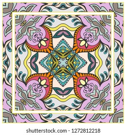  Hand drawn decorative square pattern with ornate frame. Colorful floral geometric ornament. Bandana shawl, tablecloth fabric print, silk neck scarf, kerchief design. Vector doodle illustration