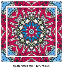  Hand drawn decorative square pattern with ornate frame. Colorful floral geometric ornament. Bandana shawl, tablecloth fabric print, silk neck scarf, kerchief design. Vector doodle illustration