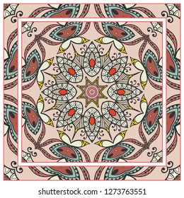  Hand drawn decorative square pattern with ornate frame. Colorful floral geometric ornament. Bandana shawl, tablecloth fabric print, silk neck scarf, kerchief design. Vector doodle illustration