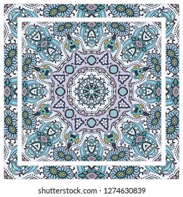  Hand drawn decorative square pattern with ornate frame. Colorful floral geometric ornament. Bandana shawl, tablecloth fabric print, silk neck scarf, kerchief design. Vector doodle illustration