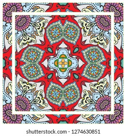  Hand drawn decorative square pattern with ornate frame. Colorful floral geometric ornament. Bandana shawl, tablecloth fabric print, silk neck scarf, kerchief design. Vector doodle illustration